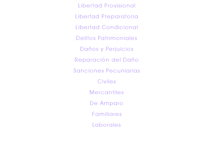 Libertad Provisional Libertad Preparatoria Libertad Condicional Delitos Patrimoniales Daños y Perjuicios Reparación del Daño Sanciones Pecuniarias Civiles Mercantiles De Amparo Familiares Laborales 